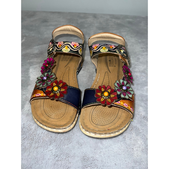 Women's L'ARTISTE Brown Navy Floral Leather Sandals Size 6-36 - Picture 9 of 9